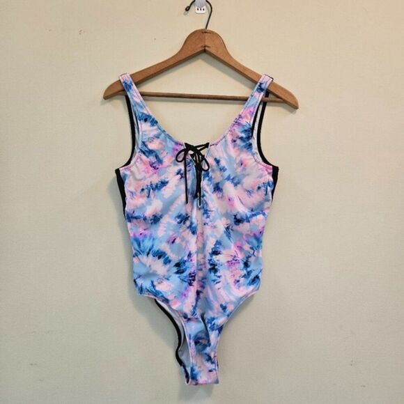 PINK Victoria's Secret Other - Victoria Secret PINK One-Piece Swimsuit Women Sz L Blue/Pink tie-dye scoop back